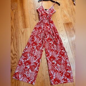 Redish orange Tropical Print Wide-Leg Jumpsuit M floral